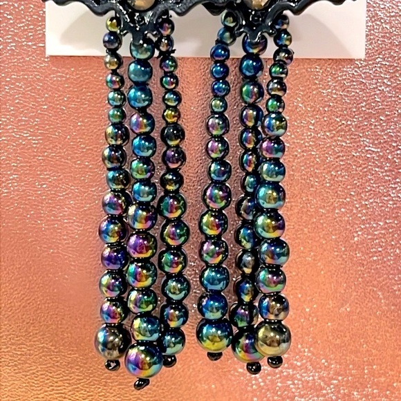 Brand New Betsey Johnson Halloween Bats Rainbow Oil Slick Beads Drop Earrings - Picture 3 of 16
